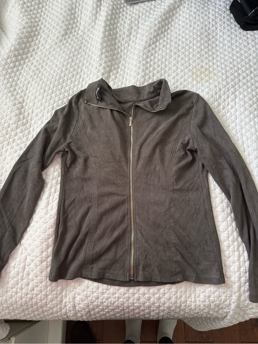 Bebe Taupe Suede Zip up with Shoulder cut outs- Classic Lightweight Layer